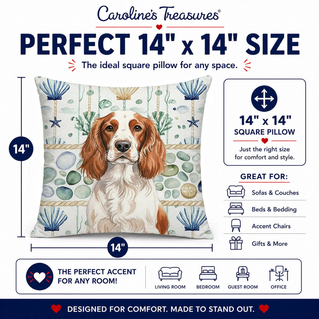 Welsh Springer Spaniel Coastal Sea Glass Decorative Throw Pillow 14x14 Indoor Outdoor Accent Cushion, Fabric Cover with Insert for Sofa, Bed, Porch & Living Room