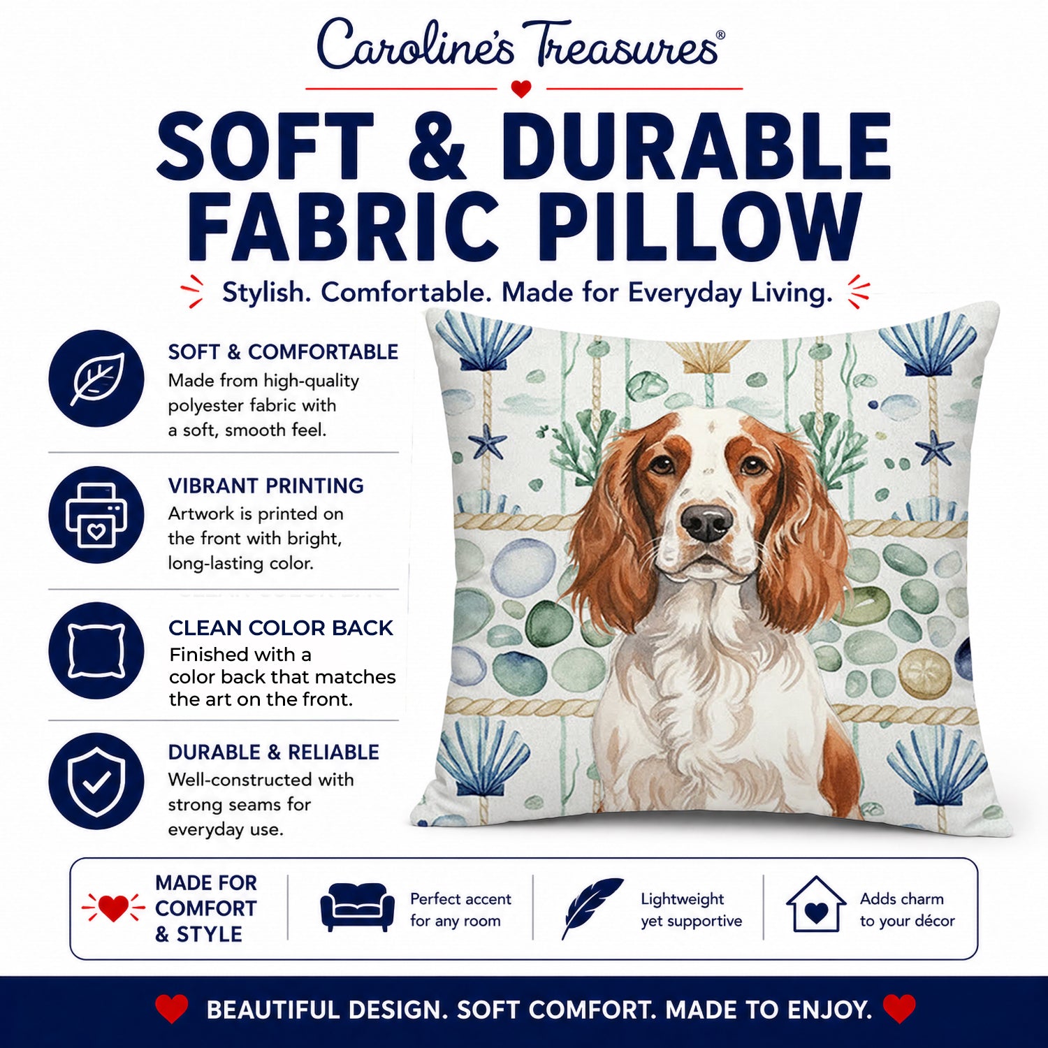 Welsh Springer Spaniel Coastal Sea Glass Decorative Throw Pillow 18x18 Indoor Outdoor Accent Cushion, Fabric Cover with Insert for Sofa, Bed, Porch & Living Room