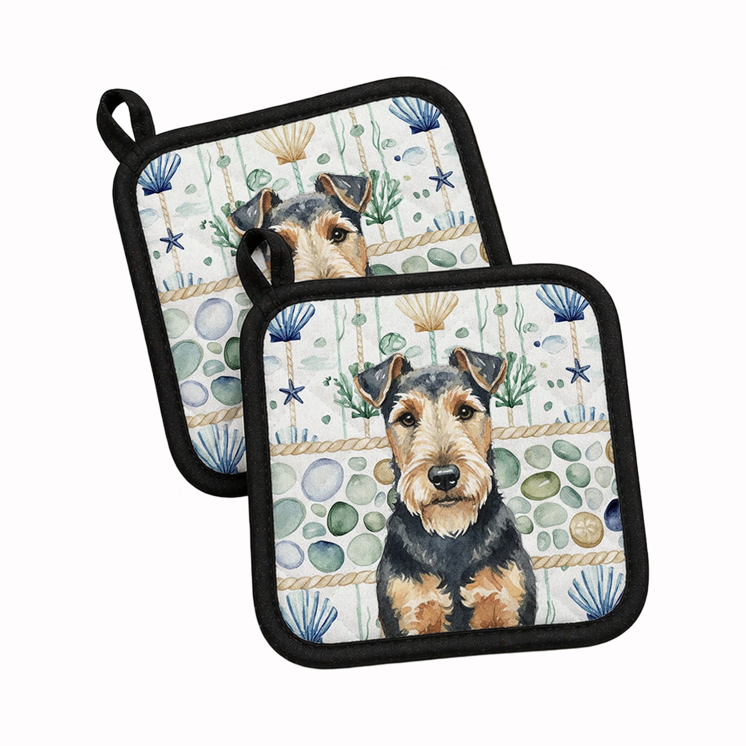 Welsh Terrier Coastal Sea Glass Pot Holder Set of 2 Heat Resistant Quilted Hot Pads 7.5 x 7.5 Inch, Insulated Kitchen Trivets for Cooking & Baking