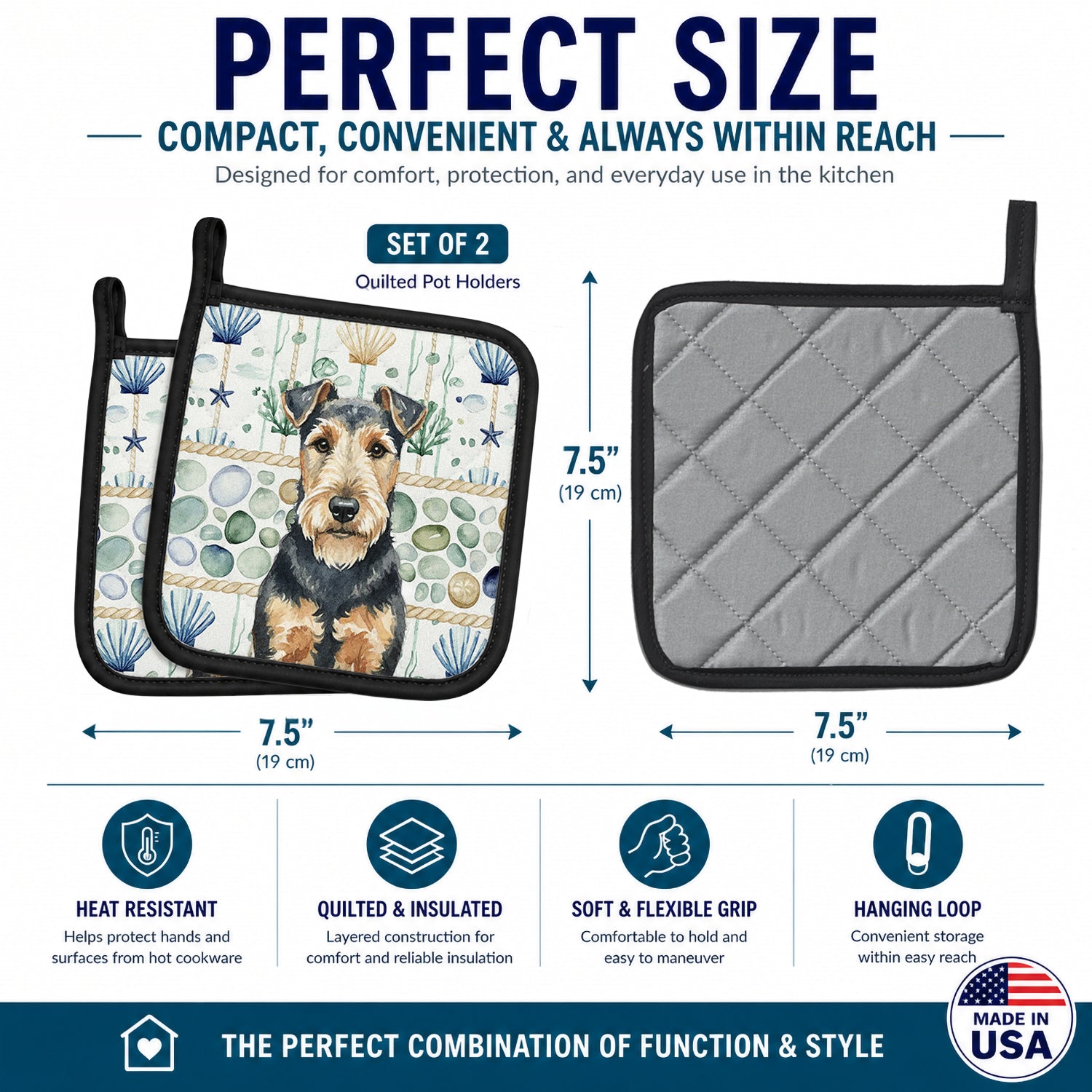 Welsh Terrier Coastal Sea Glass Pot Holder Set of 2 Heat Resistant Quilted Hot Pads 7.5 x 7.5 Inch, Insulated Kitchen Trivets for Cooking & Baking