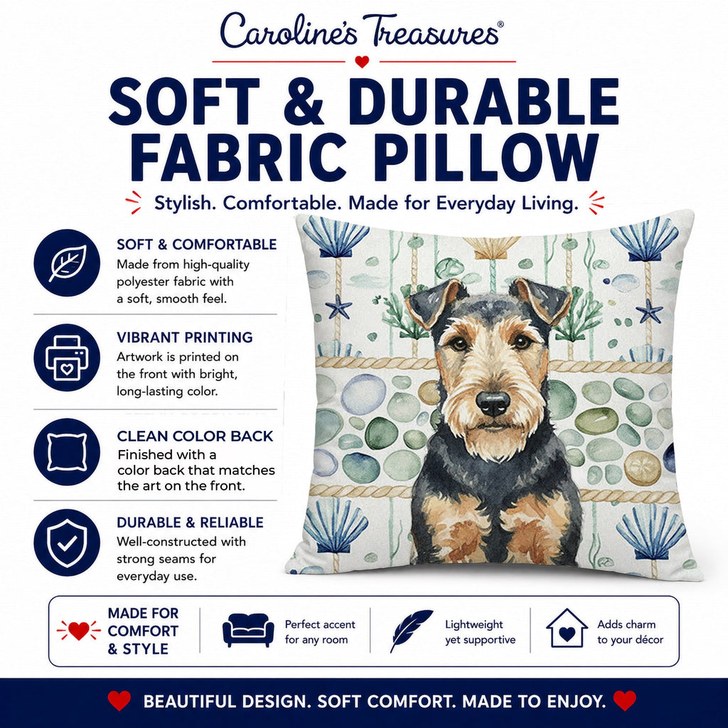 Welsh Terrier Coastal Sea Glass Decorative Throw Pillow 14x14 Indoor Outdoor Accent Cushion, Fabric Cover with Insert for Sofa, Bed, Porch & Living Room