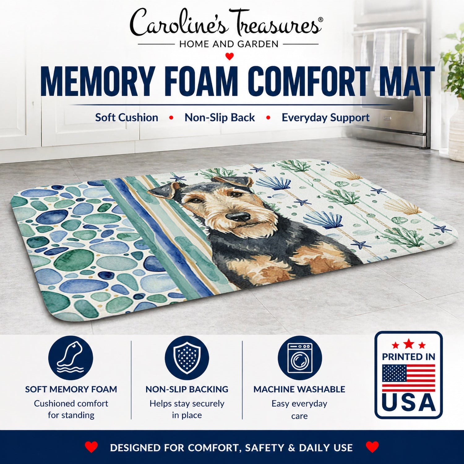 Welsh Terrier Coastal Sea Glass Memory Foam Kitchen Mat Machine Washable Anti-Fatigue Cushion Comfort Bath or Kitchen Rug