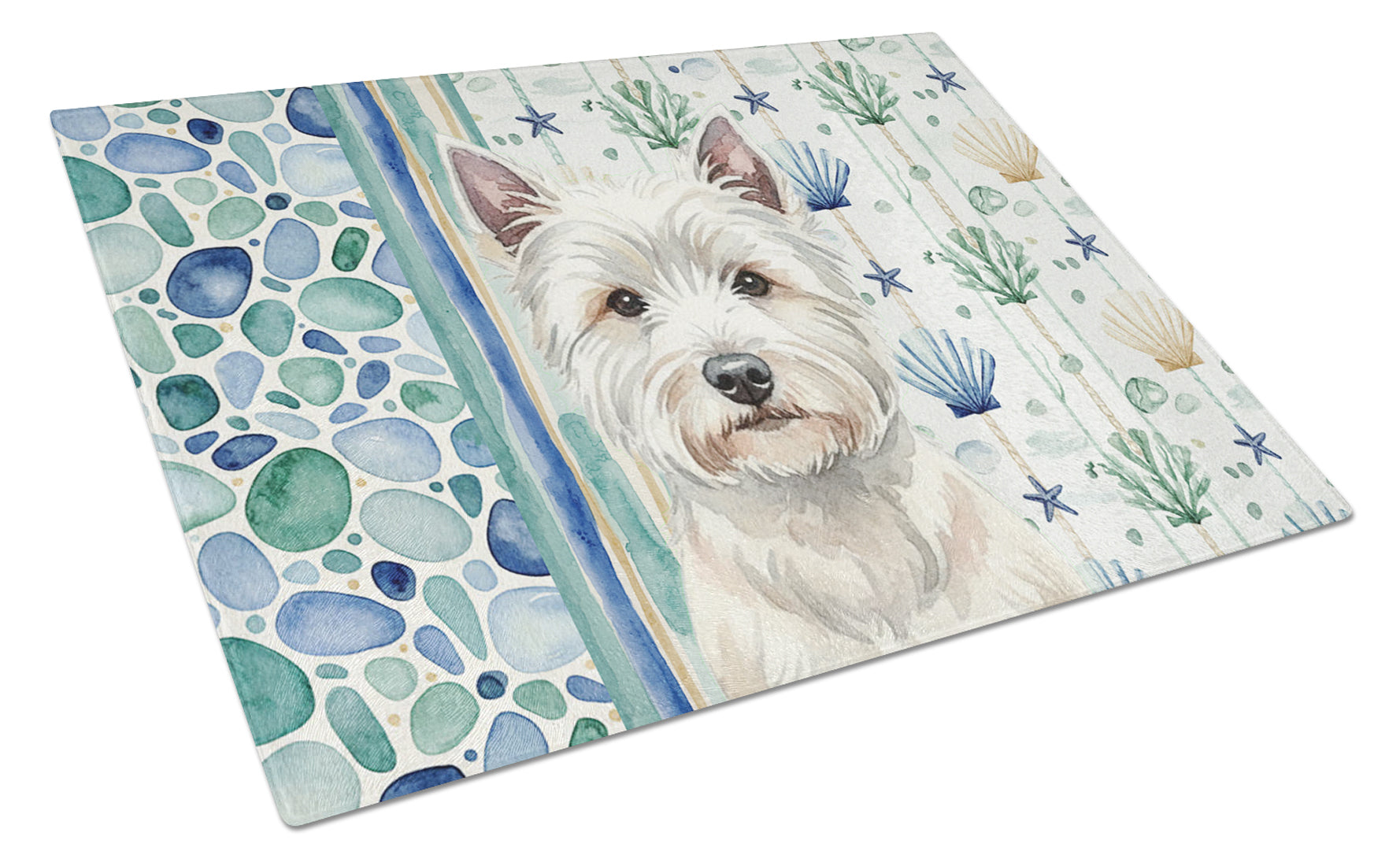 Westie Coastal Sea Glass Cutting Board Tempered Glass Kitchen Cutting Surface, Heat Resistant Chopping, Non-Slip Feet, Food Prep & Serving