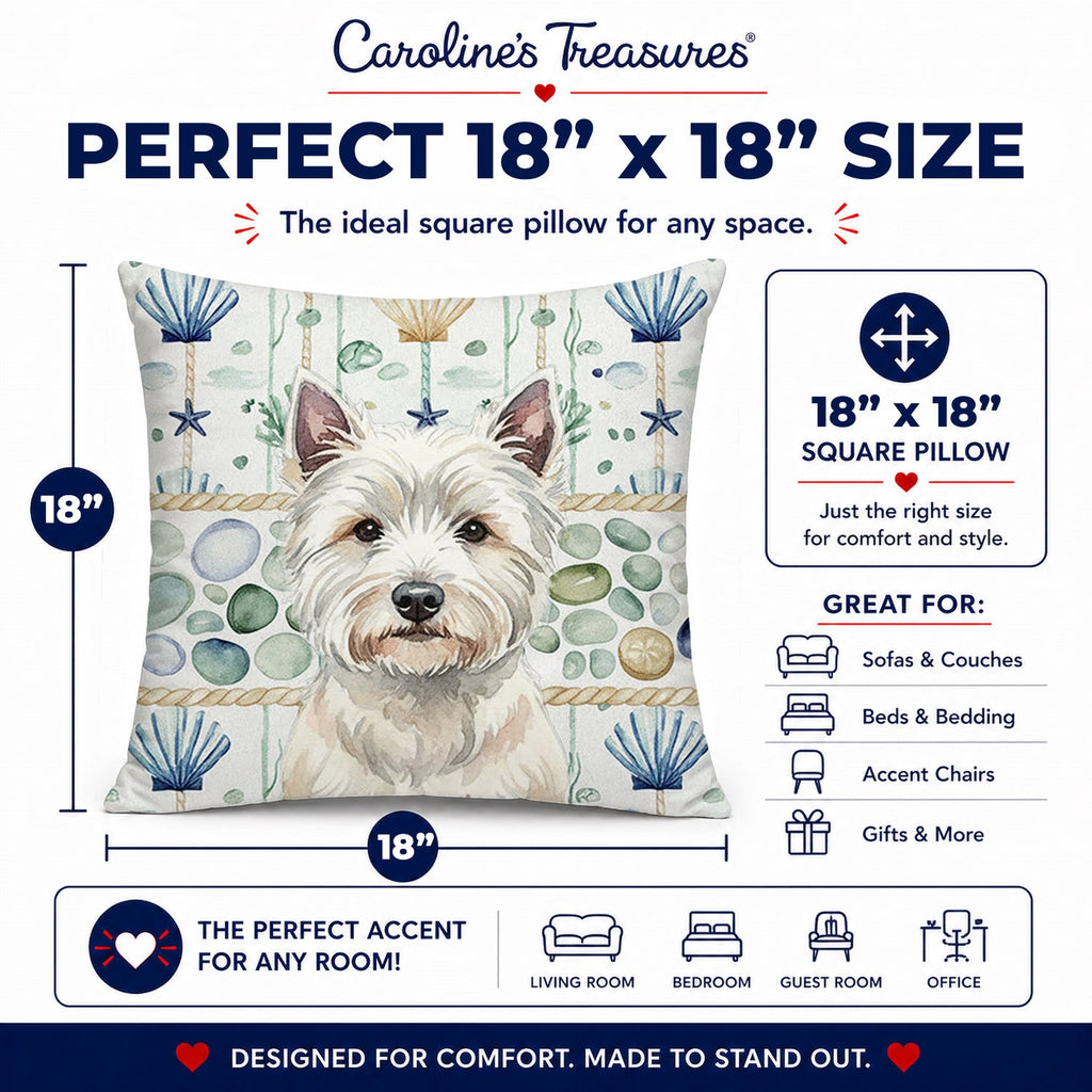 Westie Coastal Sea Glass Decorative Throw Pillow 18x18 Indoor Outdoor Accent Cushion, Fabric Cover with Insert for Sofa, Bed, Porch & Living Room