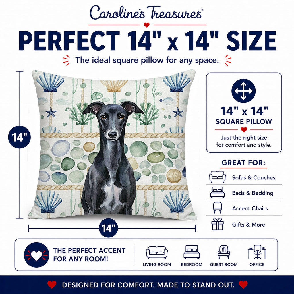 Black Whippet Coastal Sea Glass Decorative Throw Pillow 14x14 Indoor Outdoor Accent Cushion, Fabric Cover with Insert for Sofa, Bed, Porch & Living Room