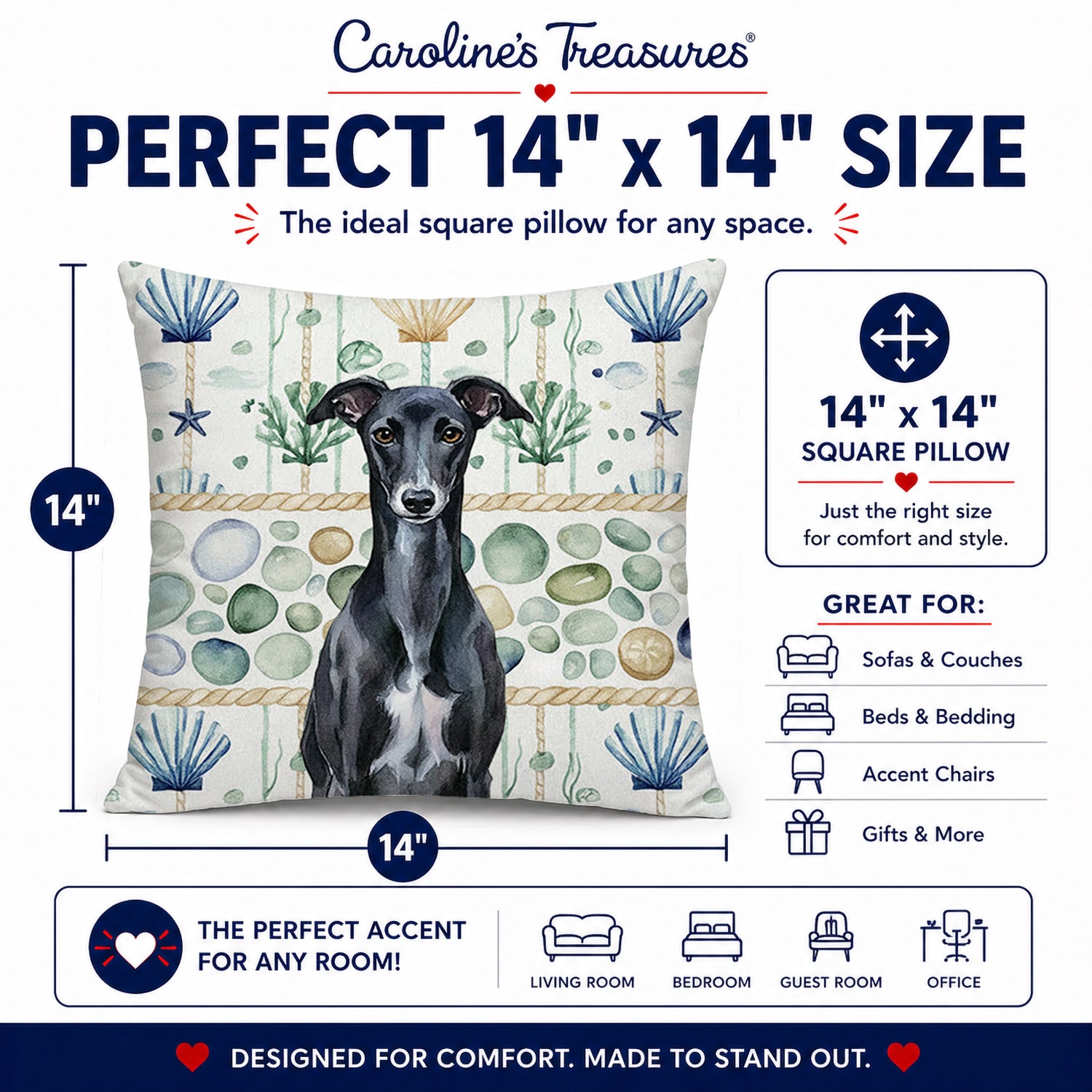 Black Whippet Coastal Sea Glass Decorative Throw Pillow 14x14 Indoor Outdoor Accent Cushion, Fabric Cover with Insert for Sofa, Bed, Porch & Living Room