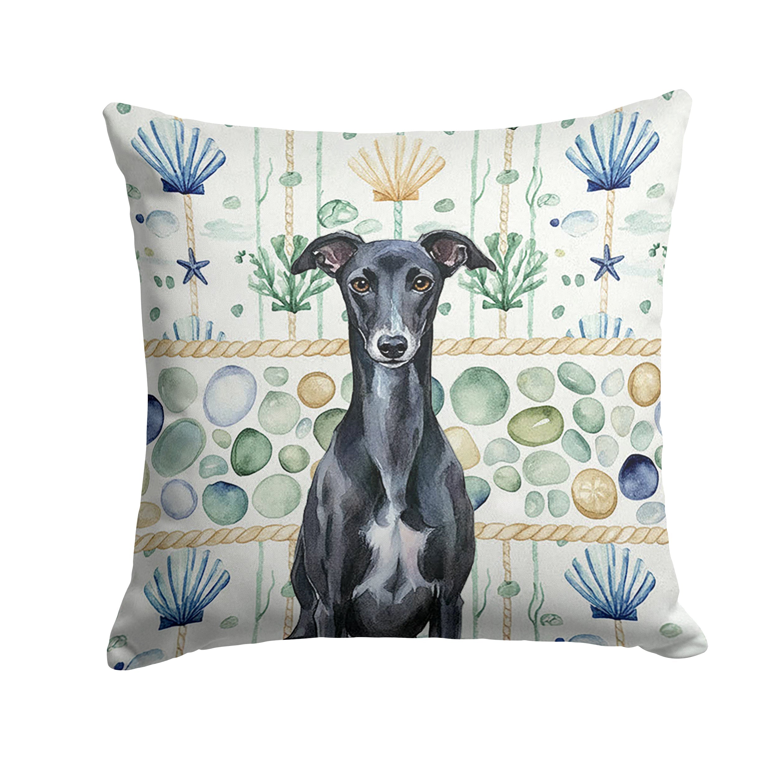 Black Whippet Coastal Sea Glass Decorative Throw Pillow 14x14 Indoor Outdoor Accent Cushion, Fabric Cover with Insert for Sofa, Bed, Porch & Living Room