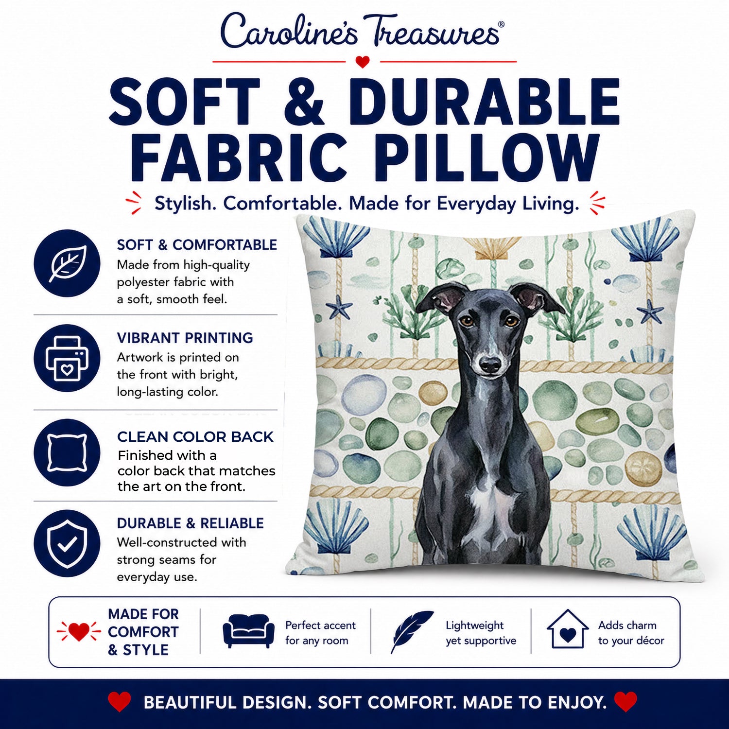 Black Whippet Coastal Sea Glass Decorative Throw Pillow 18x18 Indoor Outdoor Accent Cushion, Fabric Cover with Insert for Sofa, Bed, Porch & Living Room