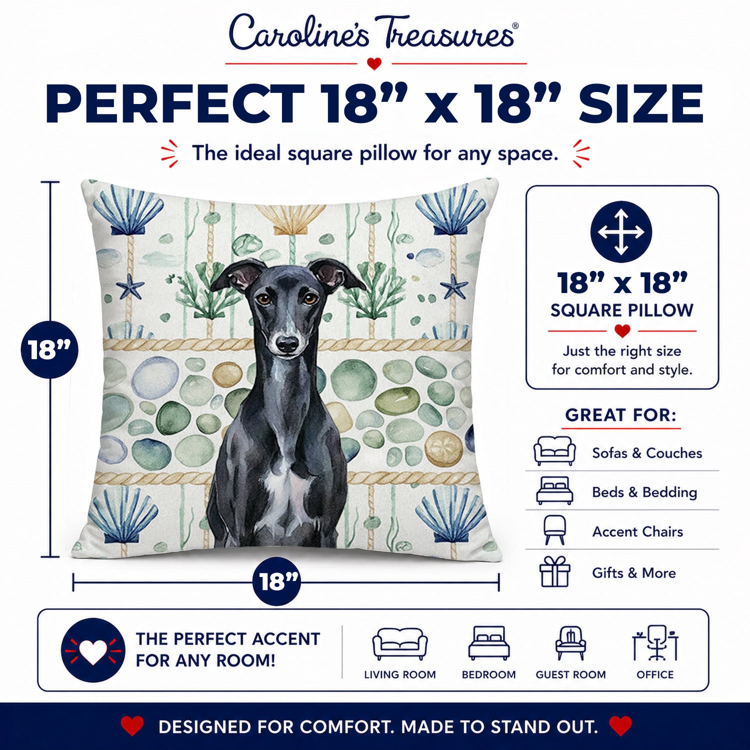 Black Whippet Coastal Sea Glass Decorative Throw Pillow 18x18 Indoor Outdoor Accent Cushion, Fabric Cover with Insert for Sofa, Bed, Porch & Living Room
