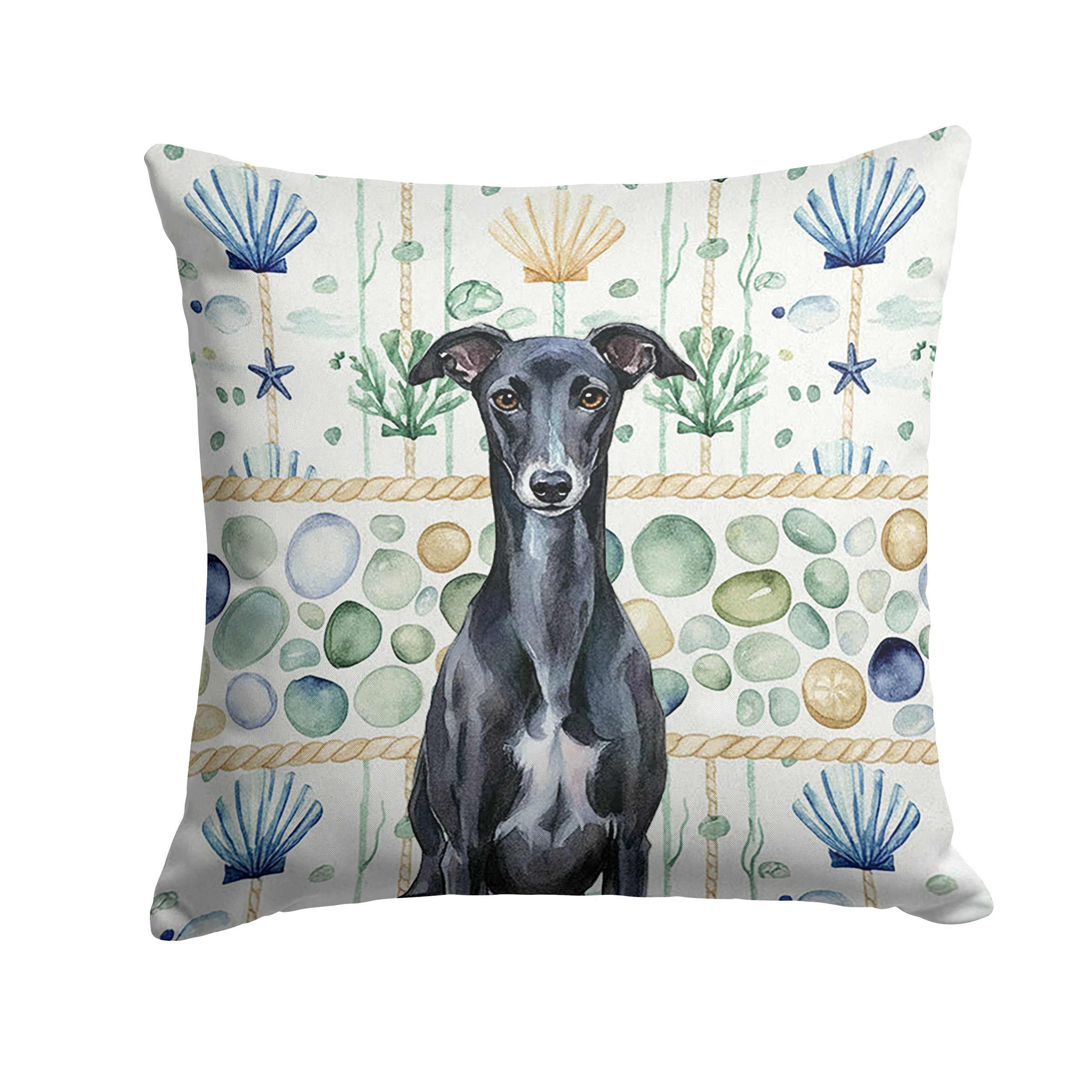 Black Whippet Coastal Sea Glass Decorative Throw Pillow 18x18 Indoor Outdoor Accent Cushion, Fabric Cover with Insert for Sofa, Bed, Porch & Living Room