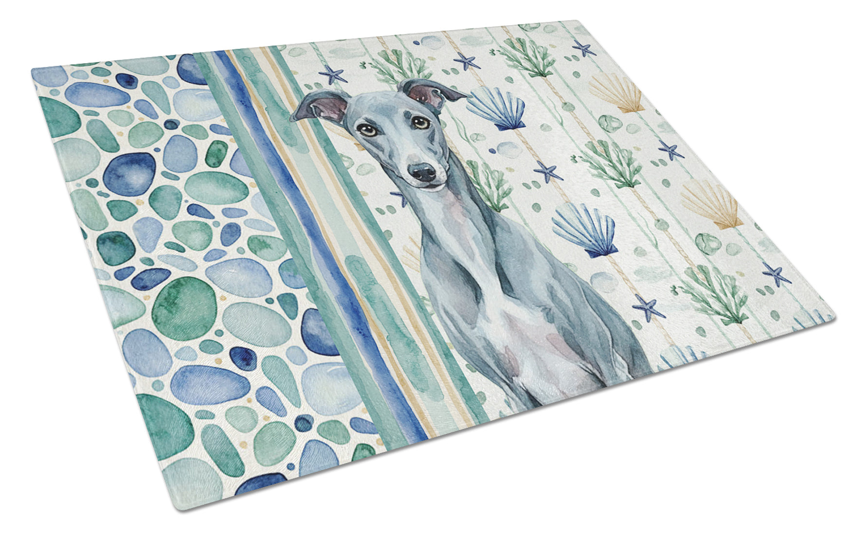 Blue Whippet Coastal Sea Glass Cutting Board Tempered Glass Kitchen Cutting Surface, Heat Resistant Chopping, Non-Slip Feet, Food Prep & Serving