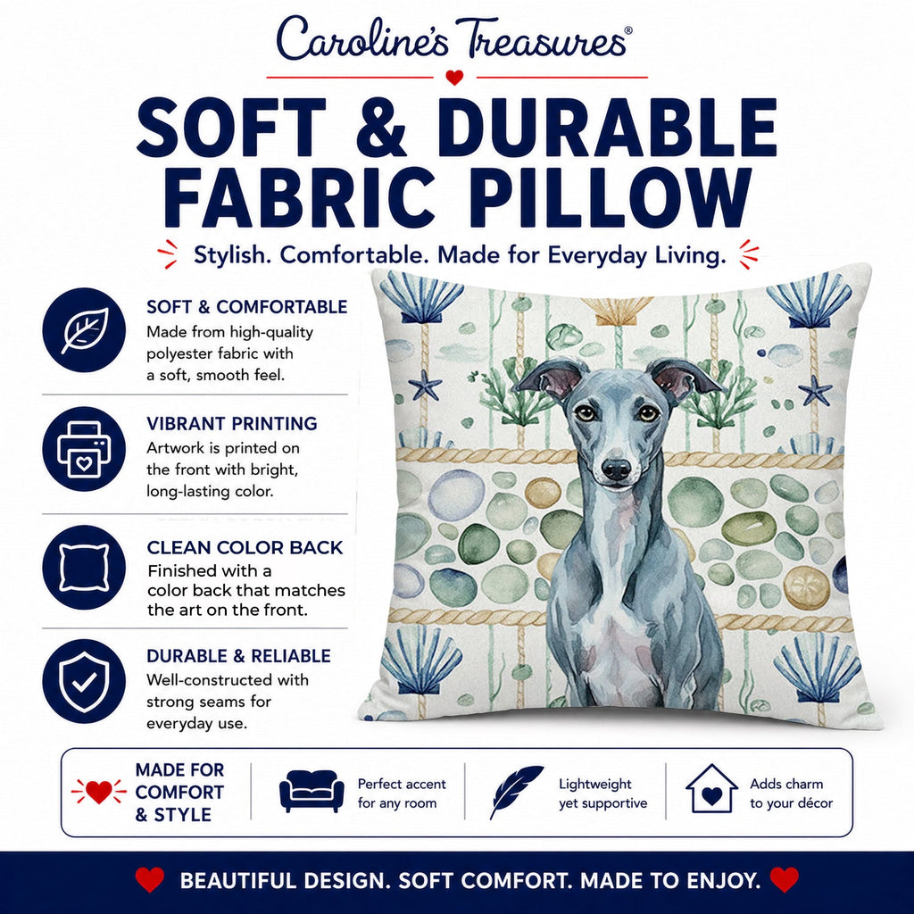 Blue Whippet Coastal Sea Glass Decorative Throw Pillow 18x18 Indoor Outdoor Accent Cushion, Fabric Cover with Insert for Sofa, Bed, Porch & Living Room