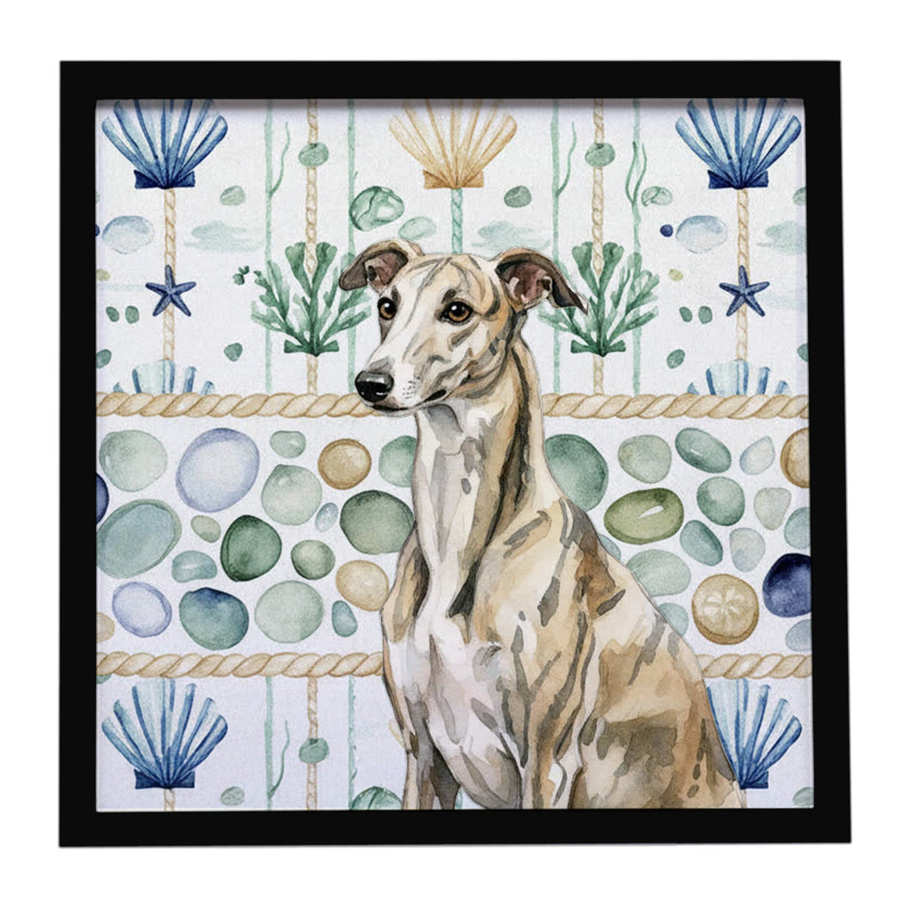 Brindle Whippet Coastal Sea Glass Framed Metal Print Bathroom, Kitchen, Office, Home Decor Wall Art Ready to Hang, Square, 8X8