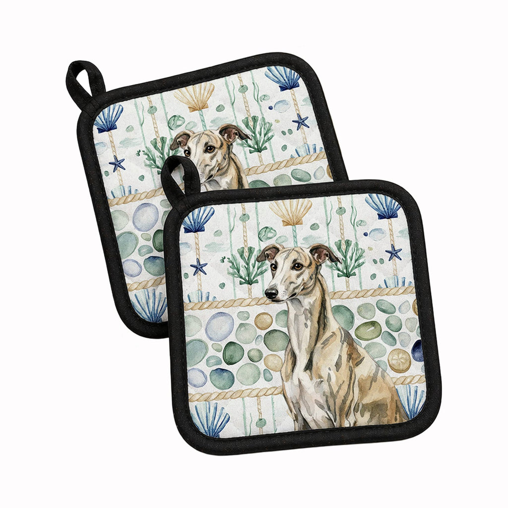 Brindle Whippet Coastal Sea Glass Pot Holder Set of 2 Heat Resistant Quilted Hot Pads 7.5 x 7.5 Inch, Insulated Kitchen Trivets for Cooking & Baking