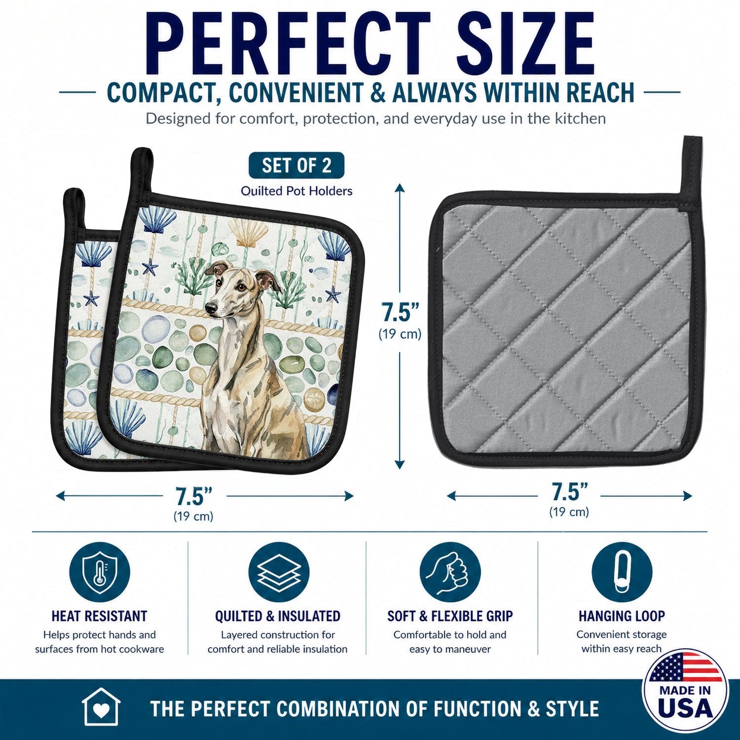 Brindle Whippet Coastal Sea Glass Pot Holder Set of 2 Heat Resistant Quilted Hot Pads 7.5 x 7.5 Inch, Insulated Kitchen Trivets for Cooking & Baking