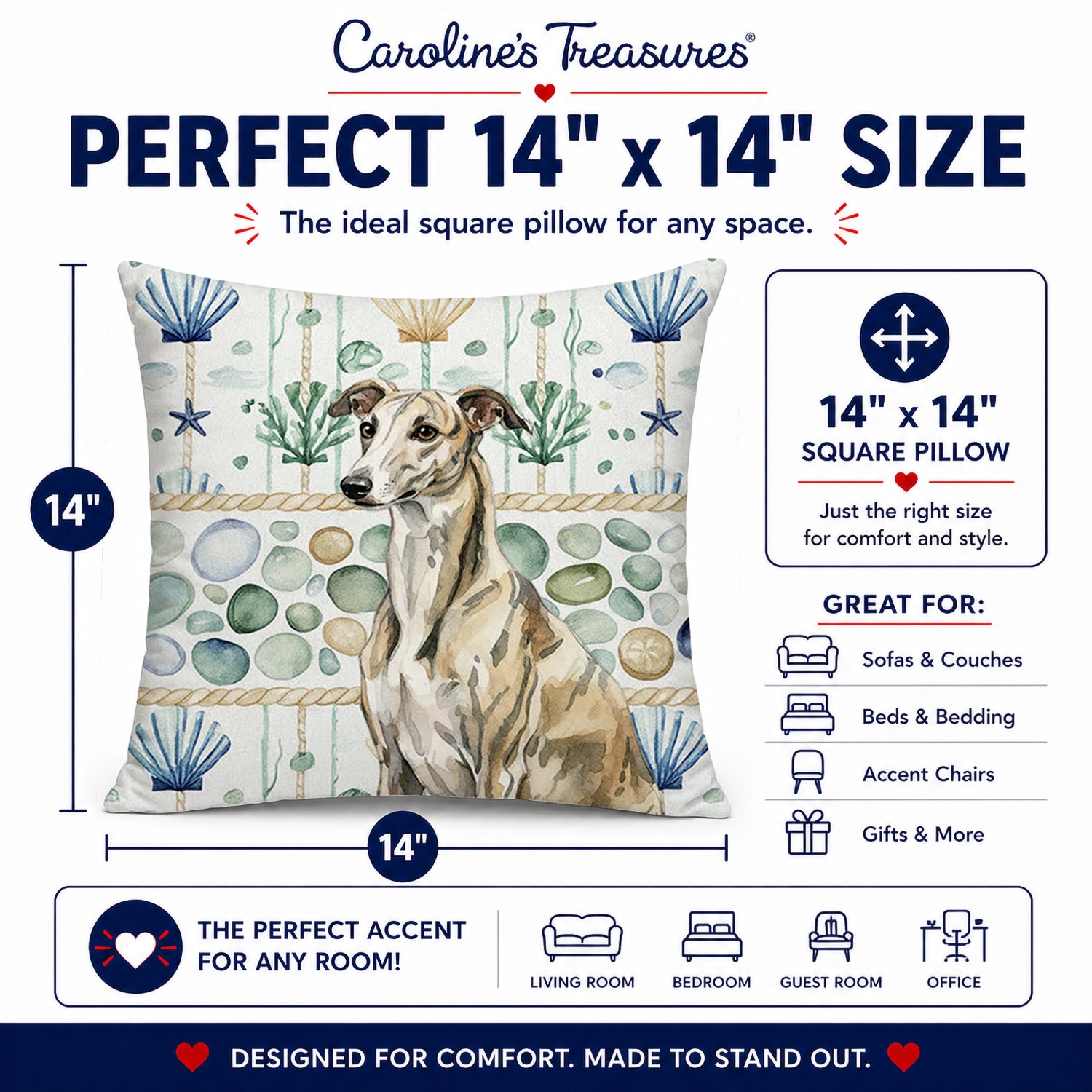 Brindle Whippet Coastal Sea Glass Decorative Throw Pillow 14x14 Indoor Outdoor Accent Cushion, Fabric Cover with Insert for Sofa, Bed, Porch & Living Room