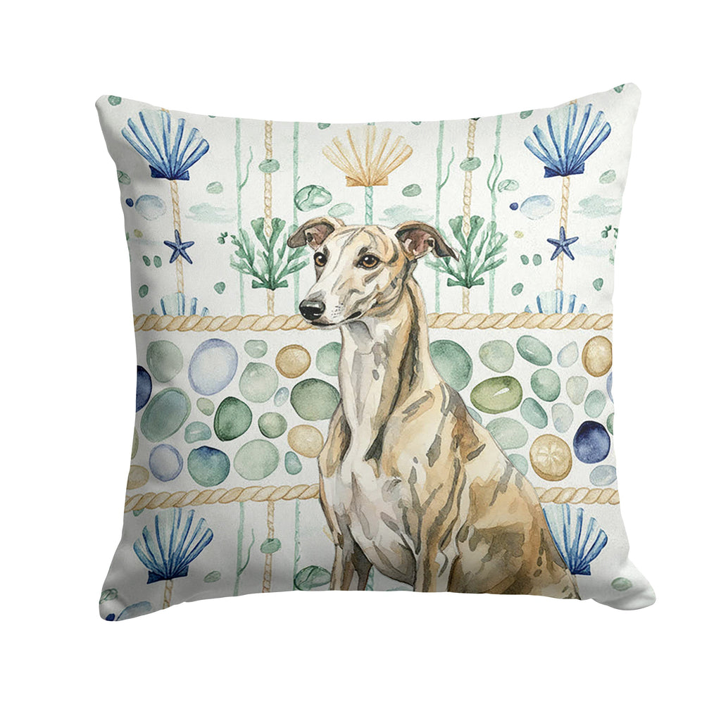 Brindle Whippet Coastal Sea Glass Decorative Throw Pillow 14x14 Indoor Outdoor Accent Cushion, Fabric Cover with Insert for Sofa, Bed, Porch & Living Room