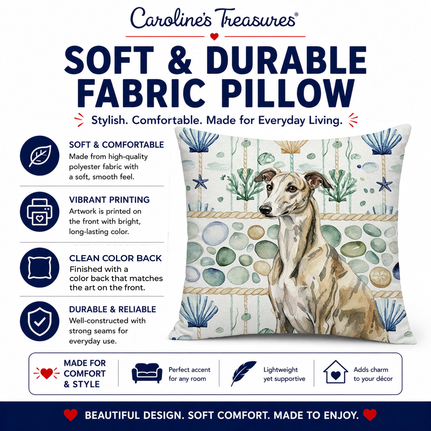 Brindle Whippet Coastal Sea Glass Decorative Throw Pillow 18x18 Indoor Outdoor Accent Cushion, Fabric Cover with Insert for Sofa, Bed, Porch & Living Room