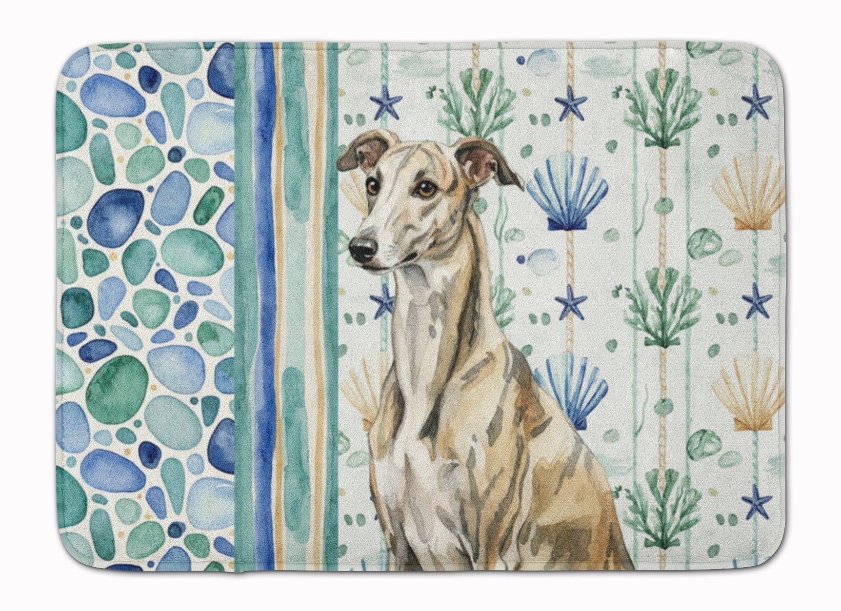 Brindle Whippet Coastal Sea Glass Memory Foam Kitchen Mat Machine Washable Anti-Fatigue Cushion Comfort Bath or Kitchen Rug