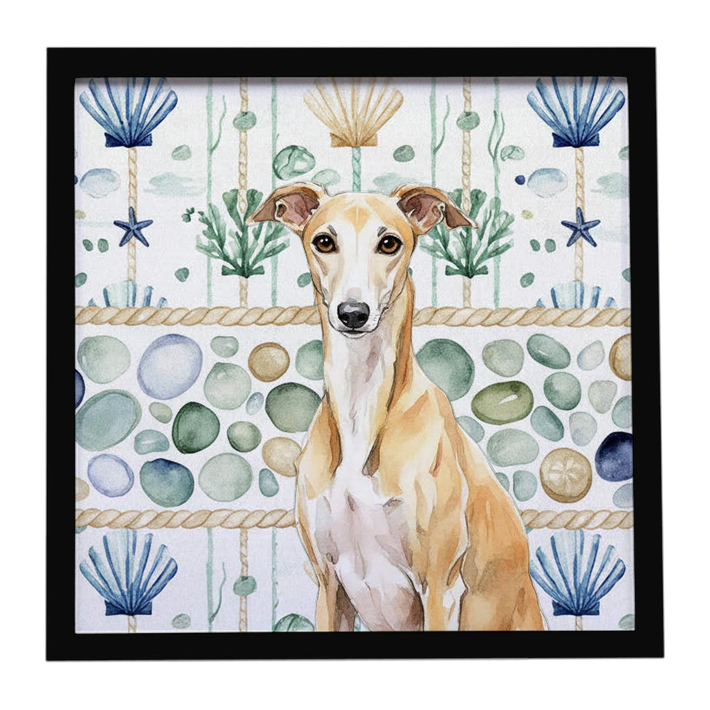 Fawn Whippet Coastal Sea Glass Framed Metal Print Bathroom, Kitchen, Office, Home Decor Wall Art Ready to Hang, Square, 8X8