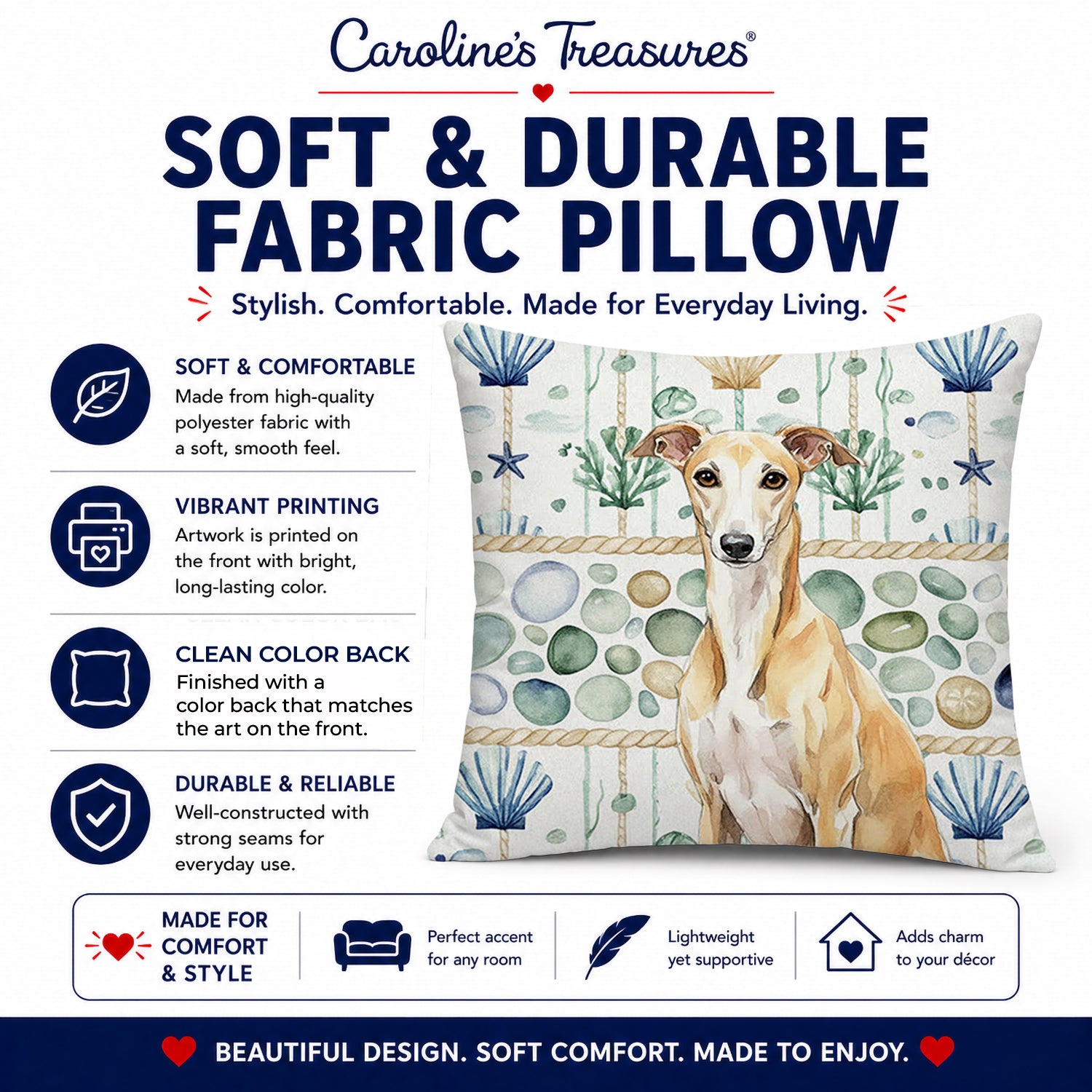 Fawn Whippet Coastal Sea Glass Decorative Throw Pillow 14x14 Indoor Outdoor Accent Cushion, Fabric Cover with Insert for Sofa, Bed, Porch & Living Room