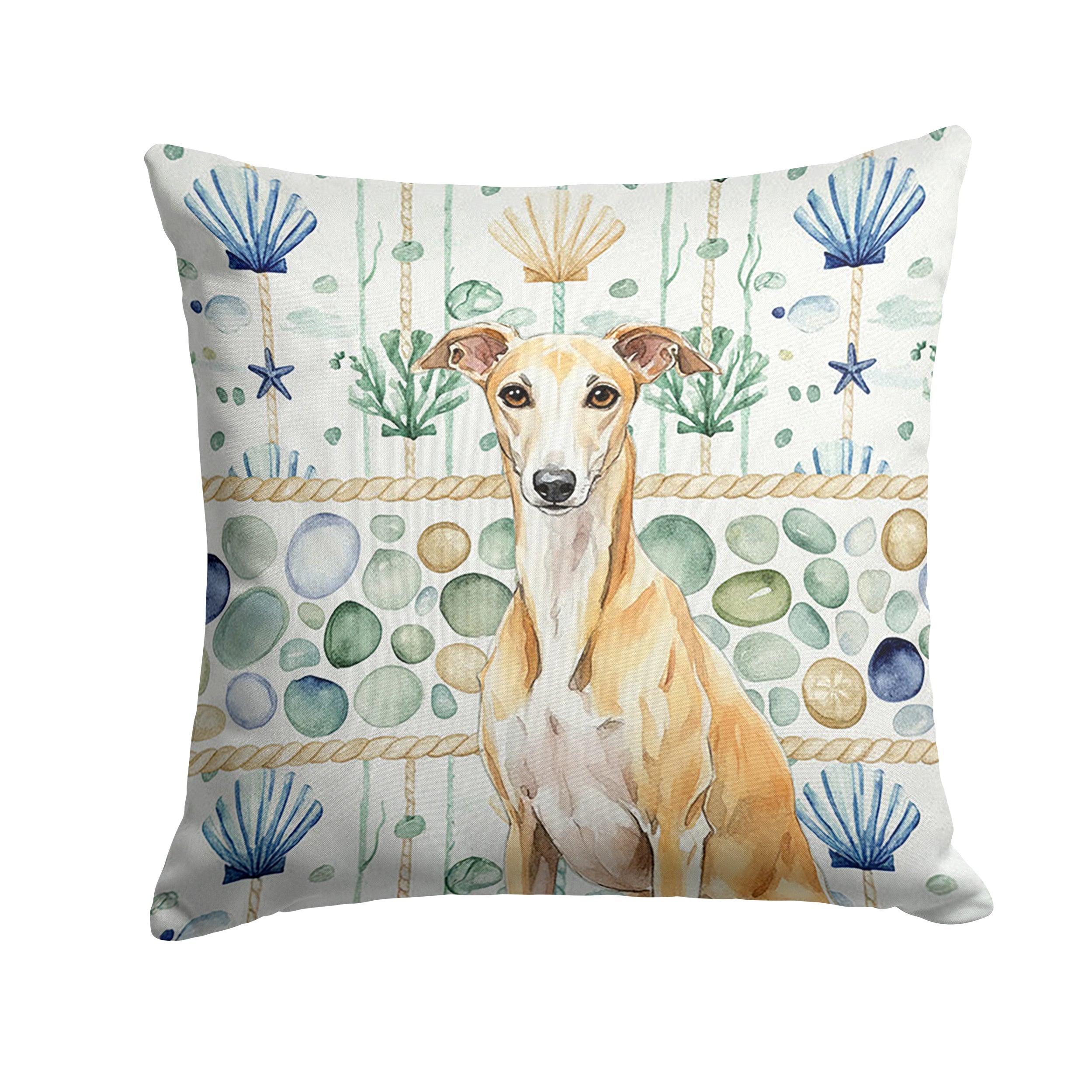 Fawn Whippet Coastal Sea Glass Decorative Throw Pillow 14x14 Indoor Outdoor Accent Cushion, Fabric Cover with Insert for Sofa, Bed, Porch & Living Room