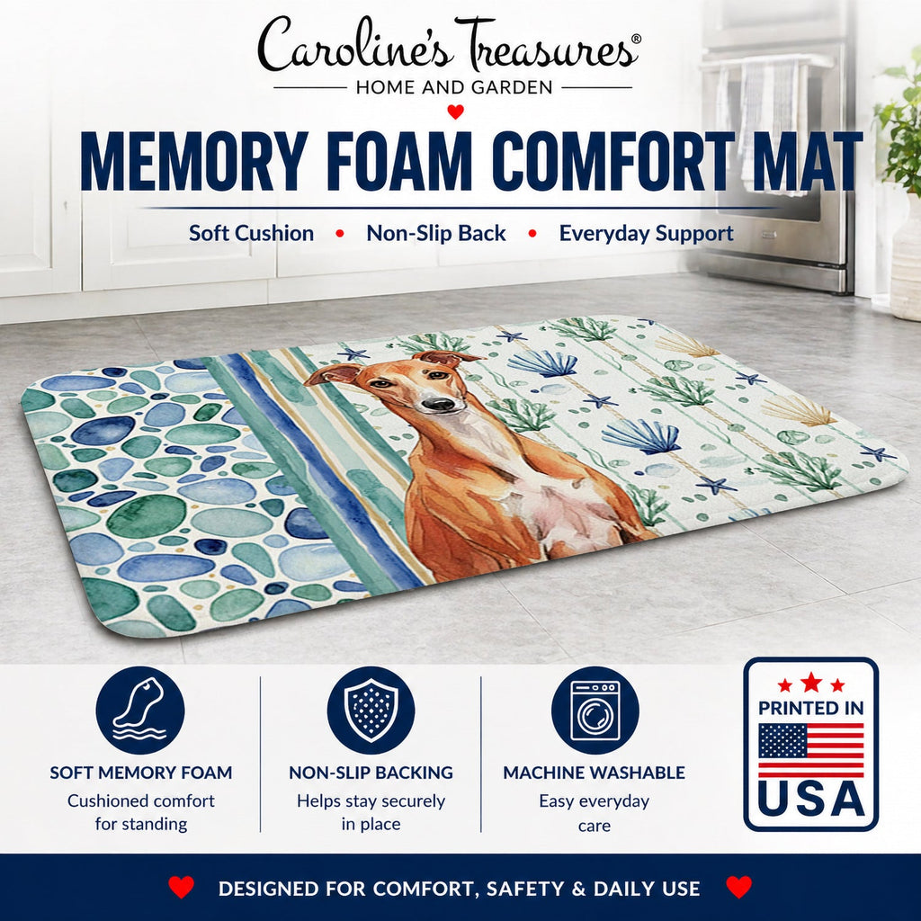 Red Whippet Coastal Sea Glass Memory Foam Kitchen Mat Machine Washable Anti-Fatigue Cushion Comfort Bath or Kitchen Rug
