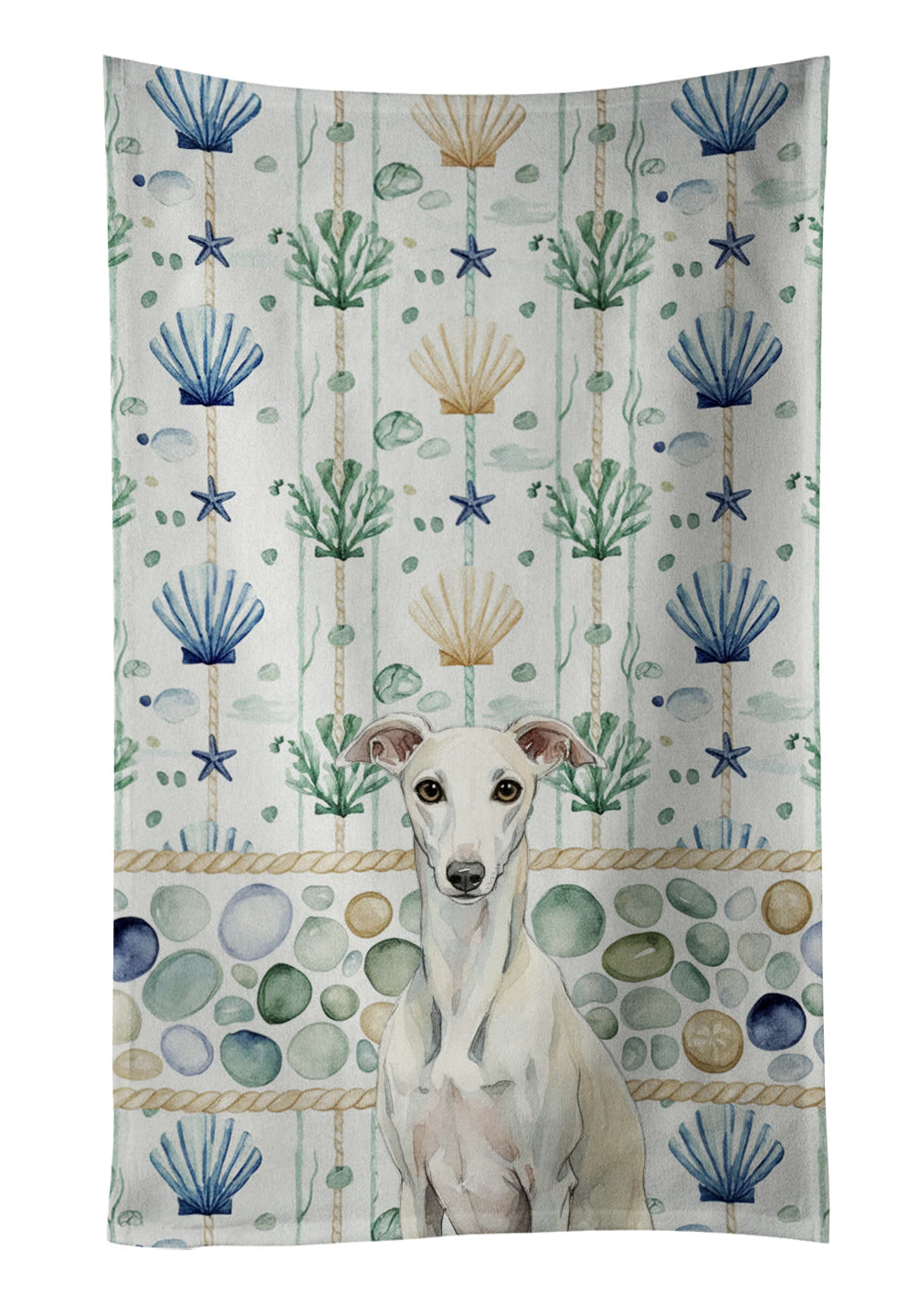 White Whippet Coastal Sea Glass Kitchen Towel Velour Plush Front and Cotton Loop Back Machine Washable