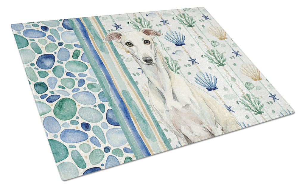 White Whippet Coastal Sea Glass Cutting Board Tempered Glass Kitchen Cutting Surface, Heat Resistant Chopping, Non-Slip Feet, Food Prep & Serving