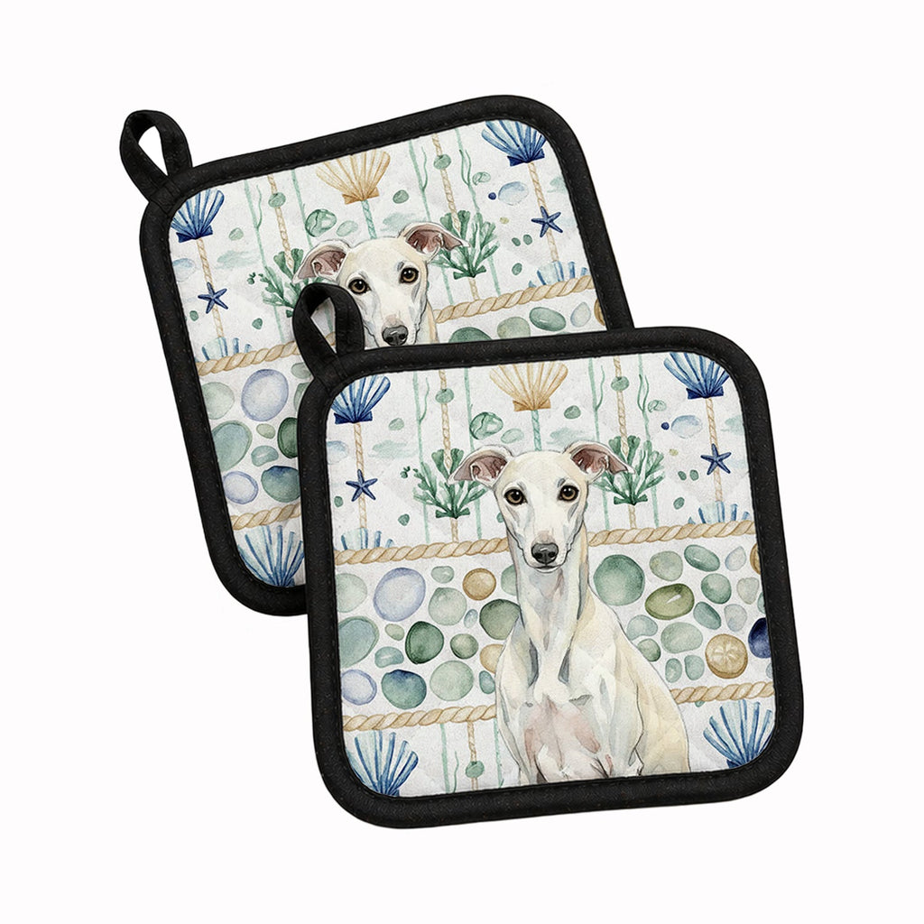 White Whippet Coastal Sea Glass Pot Holder Set of 2 Heat Resistant Quilted Hot Pads 7.5 x 7.5 Inch, Insulated Kitchen Trivets for Cooking & Baking