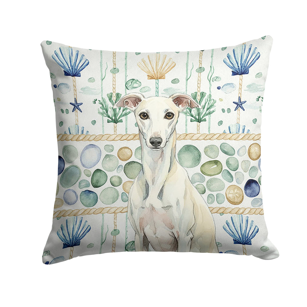 White Whippet Coastal Sea Glass Decorative Throw Pillow 14x14 Indoor Outdoor Accent Cushion, Fabric Cover with Insert for Sofa, Bed, Porch & Living Room