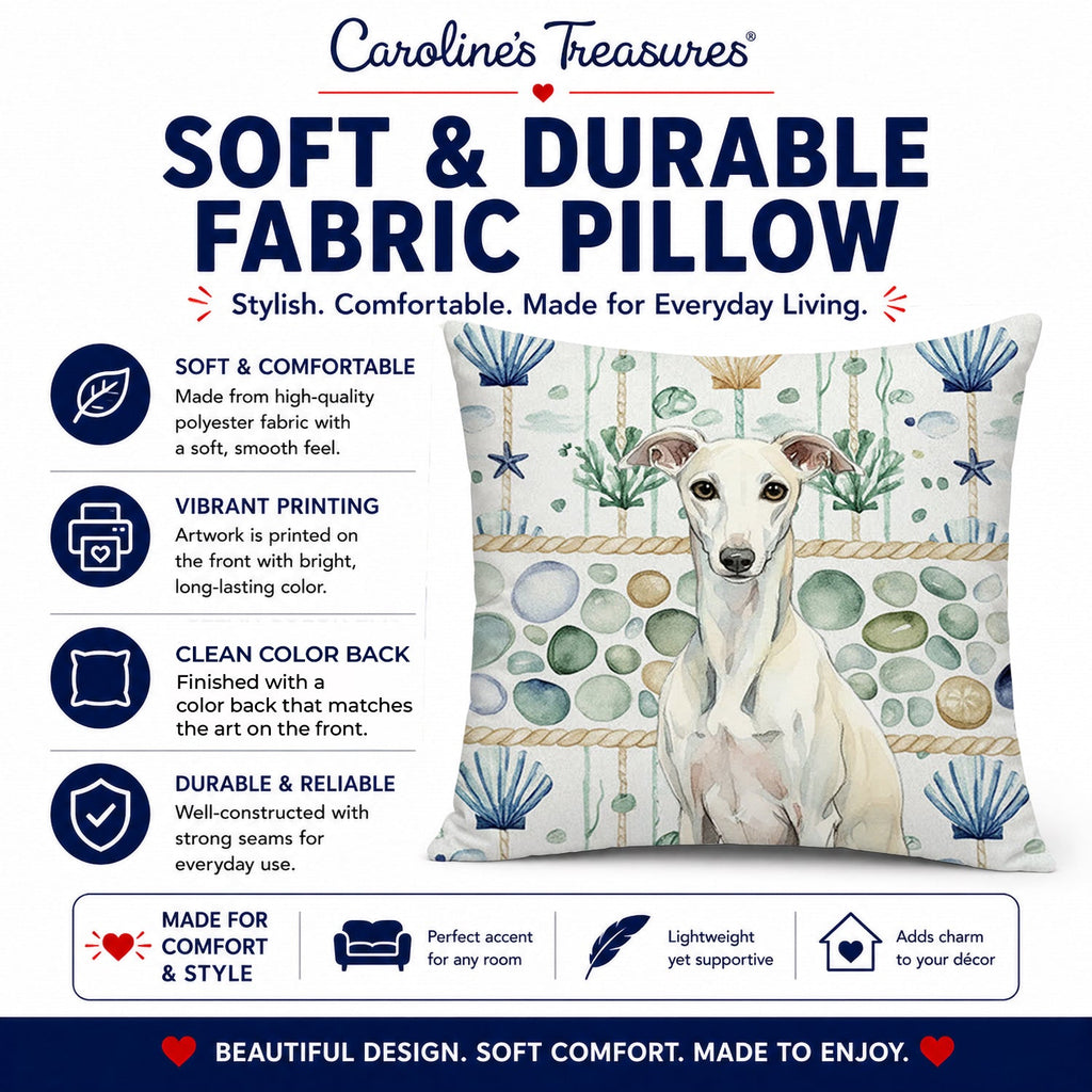 White Whippet Coastal Sea Glass Decorative Throw Pillow 18x18 Indoor Outdoor Accent Cushion, Fabric Cover with Insert for Sofa, Bed, Porch & Living Room