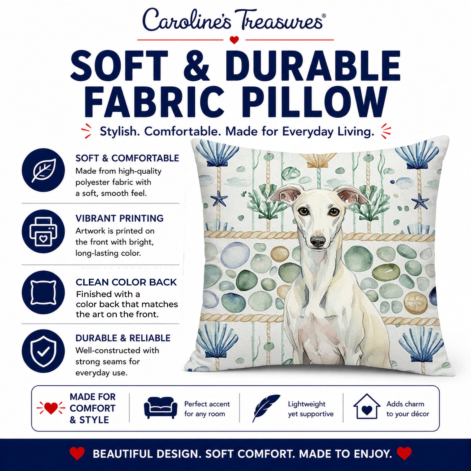 White Whippet Coastal Sea Glass Decorative Throw Pillow 18x18 Indoor Outdoor Accent Cushion, Fabric Cover with Insert for Sofa, Bed, Porch & Living Room