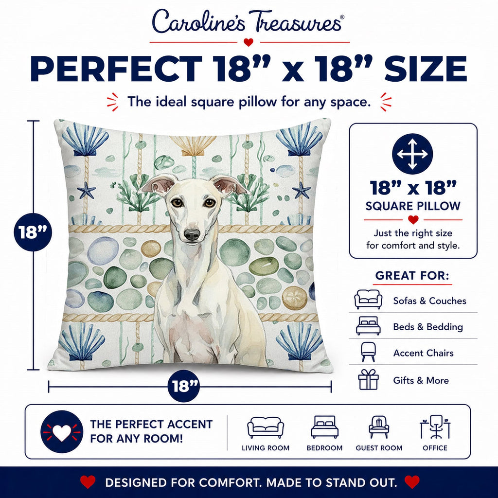 White Whippet Coastal Sea Glass Decorative Throw Pillow 18x18 Indoor Outdoor Accent Cushion, Fabric Cover with Insert for Sofa, Bed, Porch & Living Room