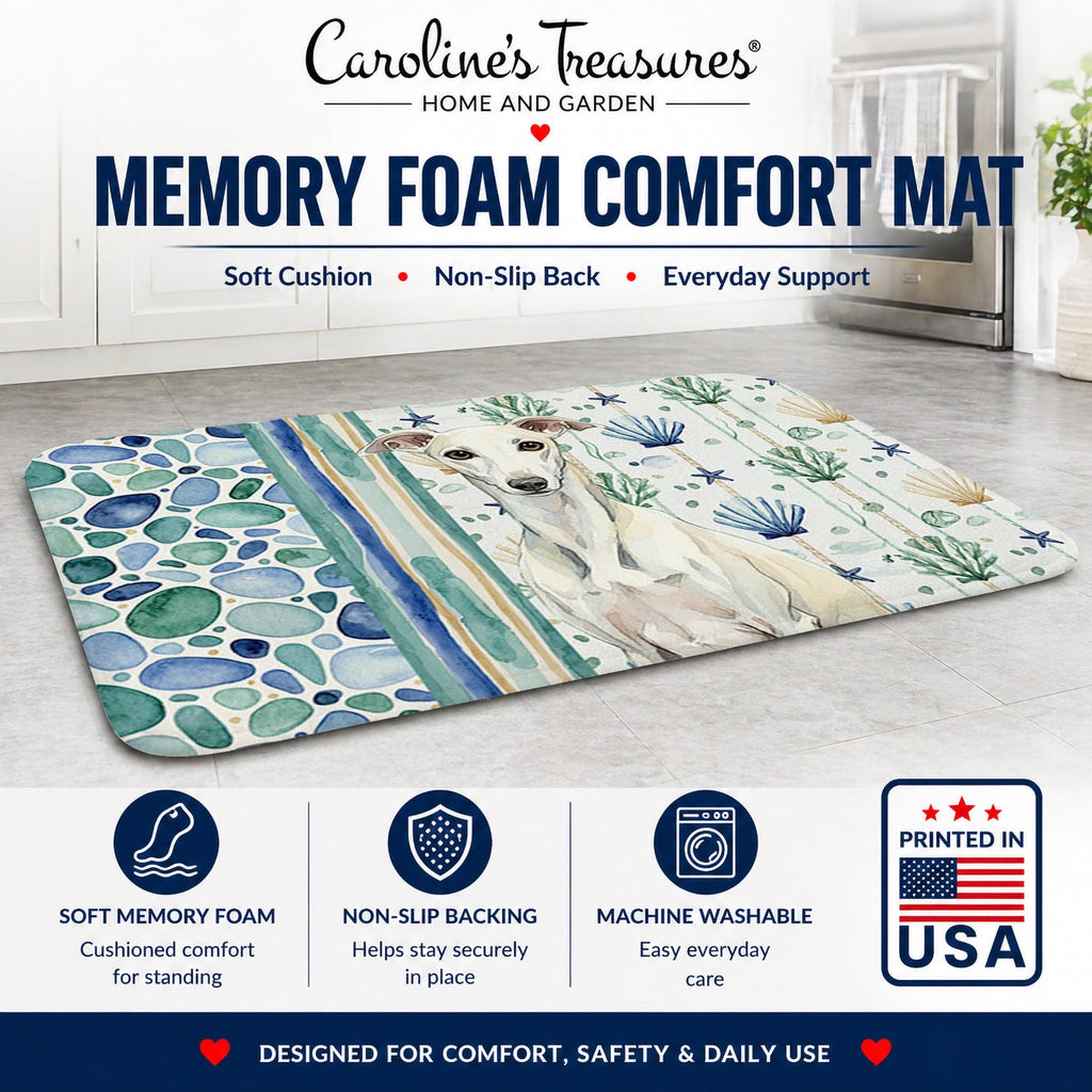 White Whippet Coastal Sea Glass Memory Foam Kitchen Mat Machine Washable Anti-Fatigue Cushion Comfort Bath or Kitchen Rug