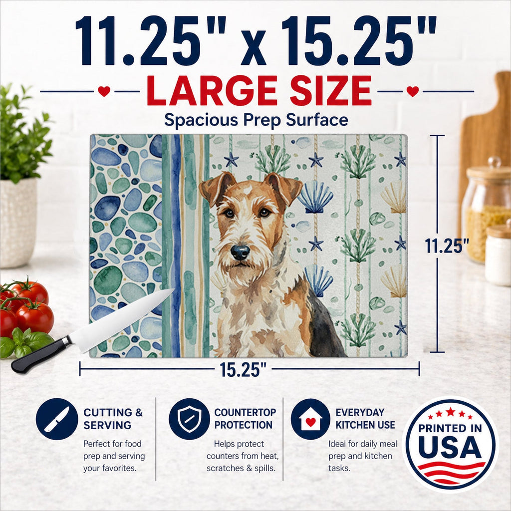 Wire Fox Terrier Coastal Sea Glass Cutting Board Tempered Glass Kitchen Cutting Surface, Heat Resistant Chopping, Non-Slip Feet, Food Prep & Serving