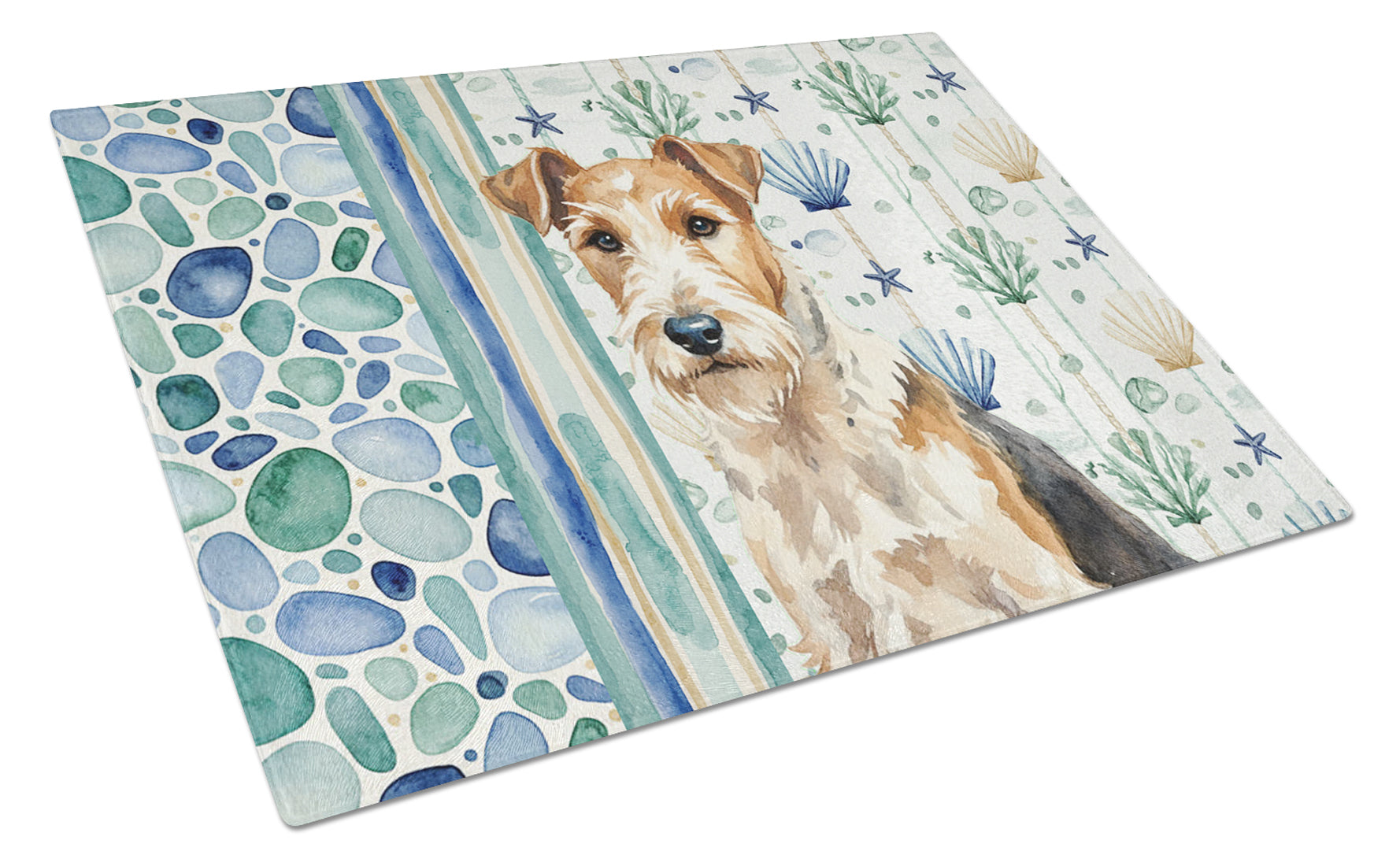 Wire Fox Terrier Coastal Sea Glass Cutting Board Tempered Glass Kitchen Cutting Surface, Heat Resistant Chopping, Non-Slip Feet, Food Prep & Serving