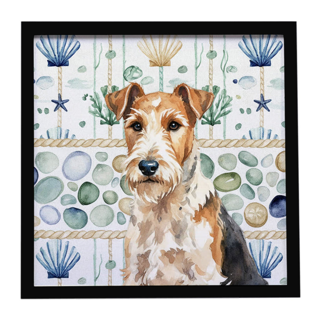 Wire Fox Terrier Coastal Sea Glass Framed Metal Print Bathroom, Kitchen, Office, Home Decor Wall Art Ready to Hang, Square, 8X8