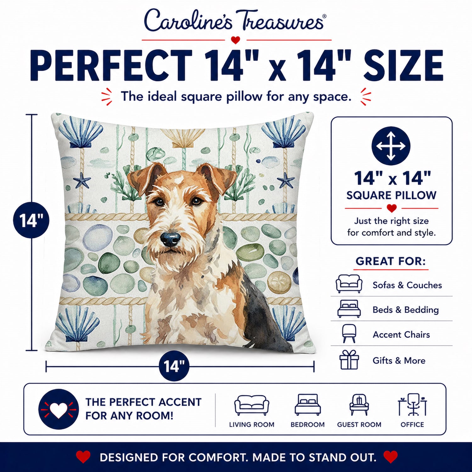 Wire Fox Terrier Coastal Sea Glass Decorative Throw Pillow 14x14 Indoor Outdoor Accent Cushion, Fabric Cover with Insert for Sofa, Bed, Porch & Living Room