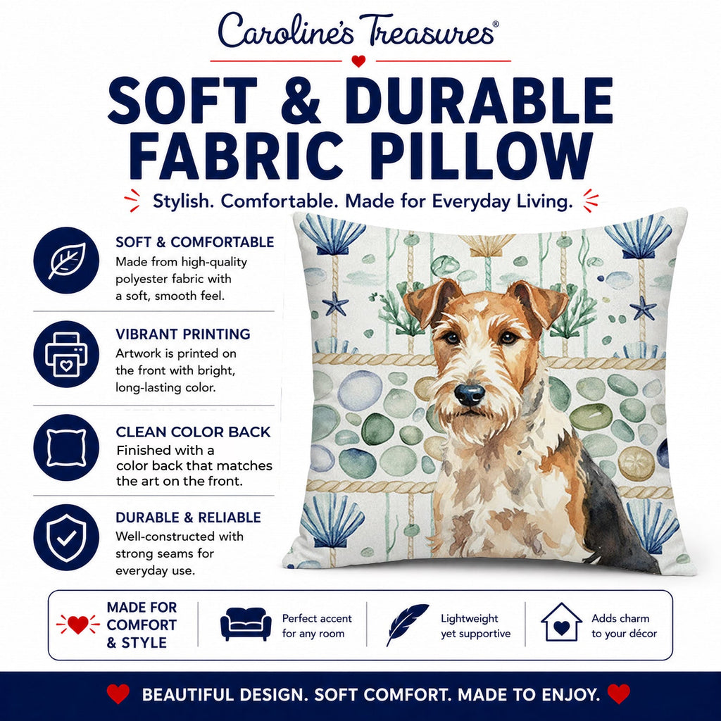 Wire Fox Terrier Coastal Sea Glass Decorative Throw Pillow 18x18 Indoor Outdoor Accent Cushion, Fabric Cover with Insert for Sofa, Bed, Porch & Living Room