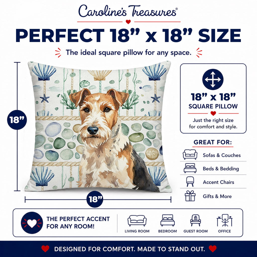Wire Fox Terrier Coastal Sea Glass Decorative Throw Pillow 18x18 Indoor Outdoor Accent Cushion, Fabric Cover with Insert for Sofa, Bed, Porch & Living Room