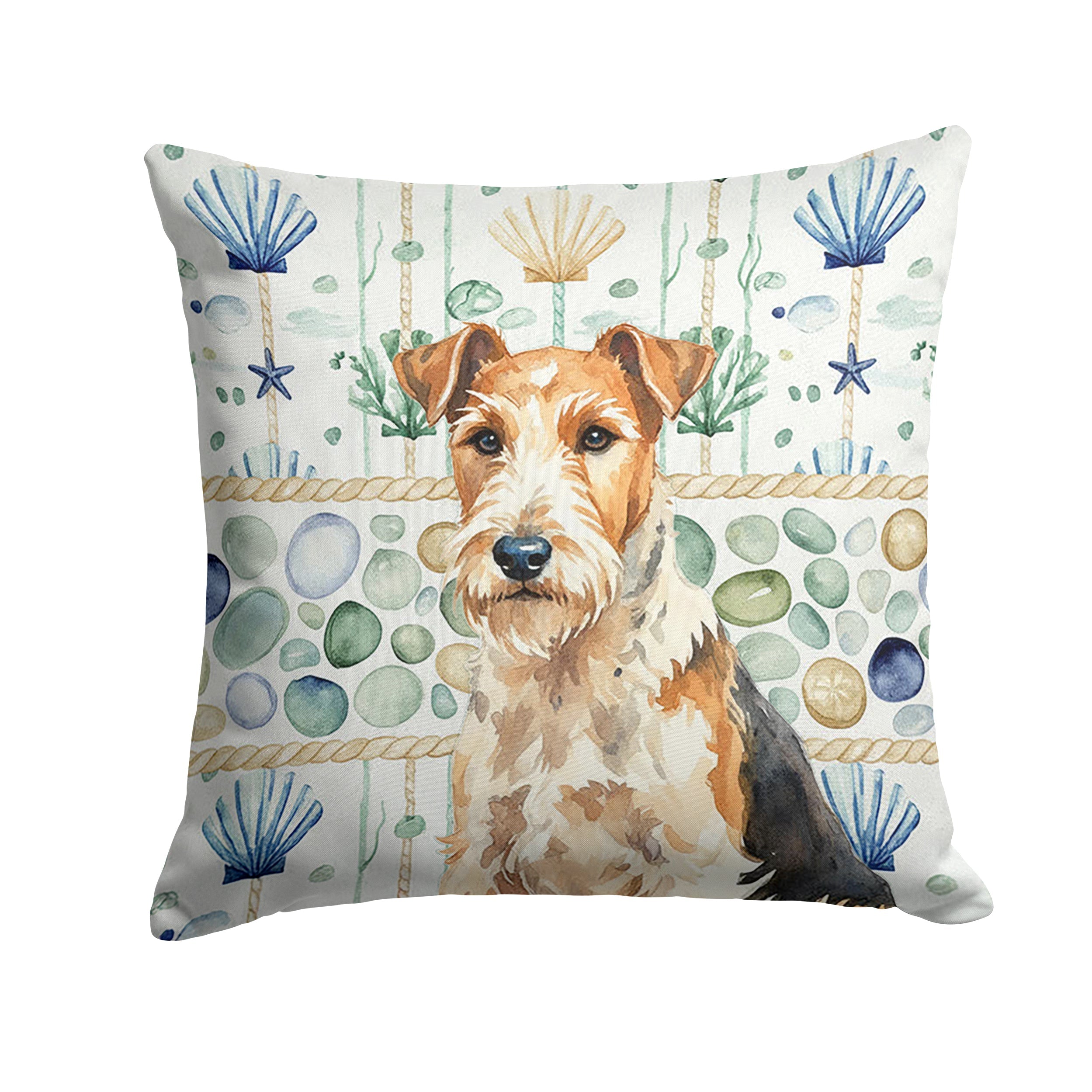 Wire Fox Terrier Coastal Sea Glass Decorative Throw Pillow 18x18 Indoor Outdoor Accent Cushion, Fabric Cover with Insert for Sofa, Bed, Porch & Living Room