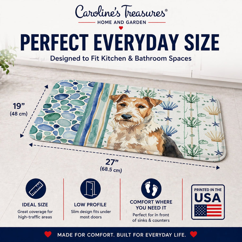 Wire Fox Terrier Coastal Sea Glass Memory Foam Kitchen Mat Machine Washable Anti-Fatigue Cushion Comfort Bath or Kitchen Rug