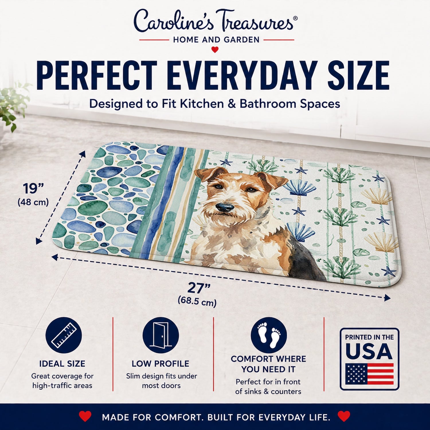 Wire Fox Terrier Coastal Sea Glass Memory Foam Kitchen Mat Machine Washable Anti-Fatigue Cushion Comfort Bath or Kitchen Rug