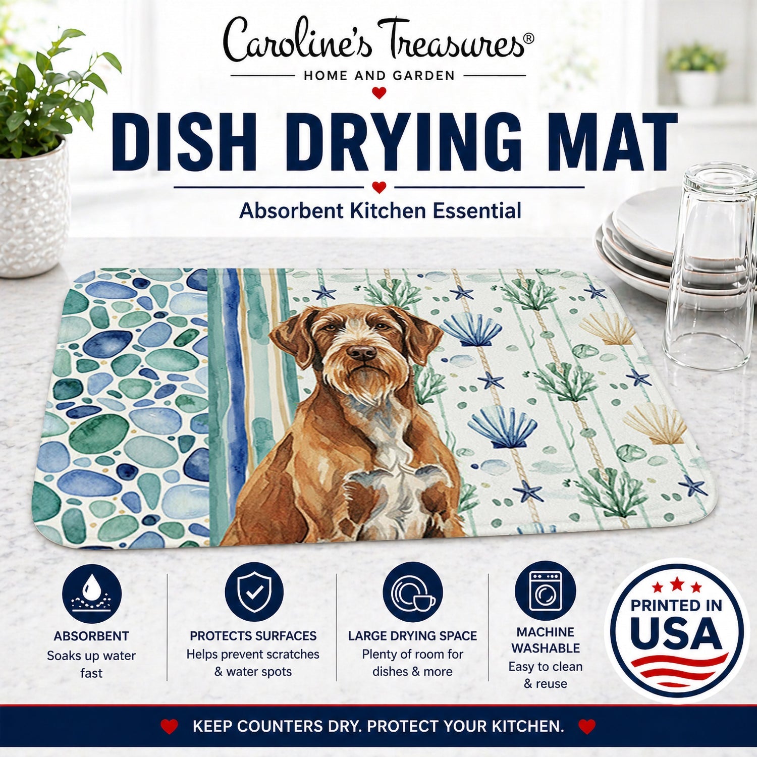 Wirehaired Pointing Griffon Coastal Sea Glass Dish Drying Mat Absorbent Dish Drying Mat Pad for Kitchen Counter Dish Drainer Mat for Countertop, 14 x 21", Multicolor