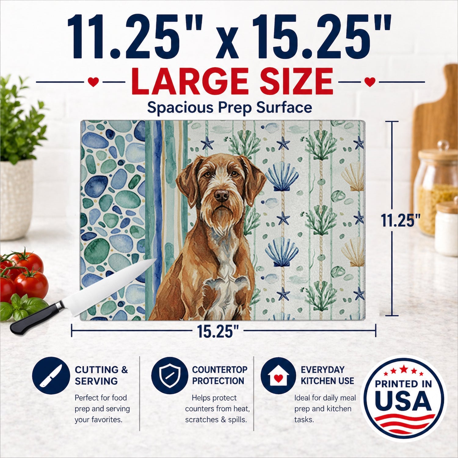 Wirehaired Pointing Griffon Coastal Sea Glass Cutting Board Tempered Glass Kitchen Cutting Surface, Heat Resistant Chopping, Non-Slip Feet, Food Prep & Serving