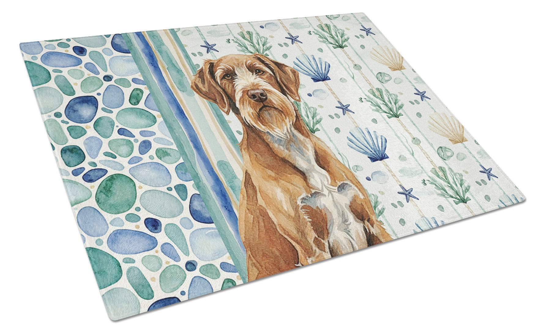 Wirehaired Pointing Griffon Coastal Sea Glass Cutting Board Tempered Glass Kitchen Cutting Surface, Heat Resistant Chopping, Non-Slip Feet, Food Prep & Serving