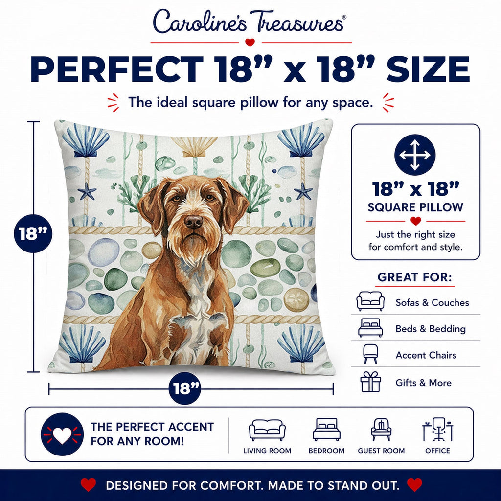 Wirehaired Pointing Griffon Coastal Sea Glass Decorative Throw Pillow 18x18 Indoor Outdoor Accent Cushion, Fabric Cover with Insert for Sofa, Bed, Porch & Living Room