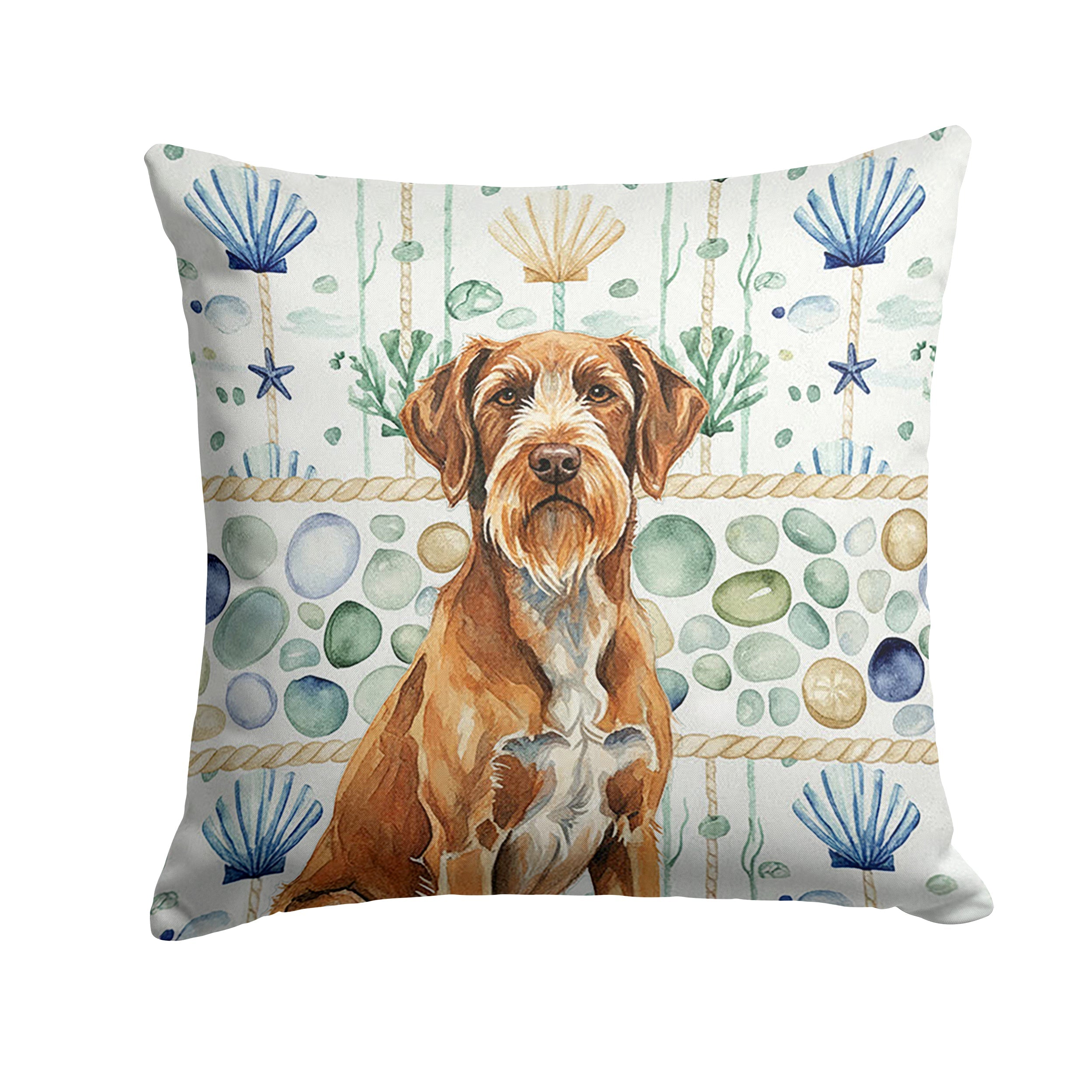 Wirehaired Pointing Griffon Coastal Sea Glass Decorative Throw Pillow 18x18 Indoor Outdoor Accent Cushion, Fabric Cover with Insert for Sofa, Bed, Porch & Living Room