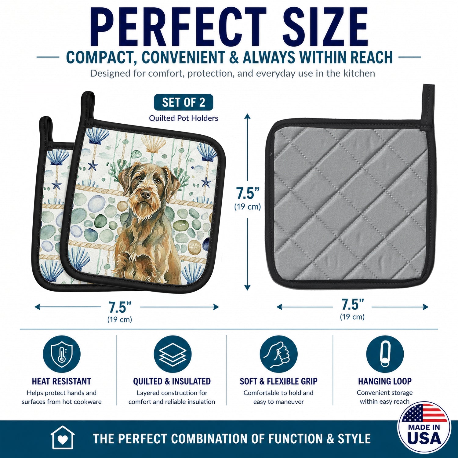 Chestnut Wirehaired Pointing Griffon Coastal Sea Glass Pot Holder Set of 2 Heat Resistant Quilted Hot Pads 7.5 x 7.5 Inch, Insulated Kitchen Trivets for Cooking & Baking